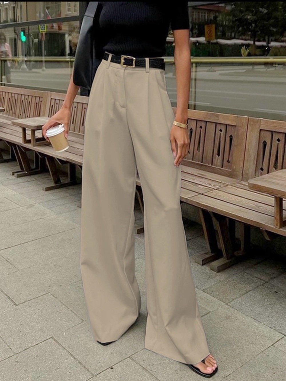 Commense Wide-Leg High-Waist Tan Trousers Large 8/10